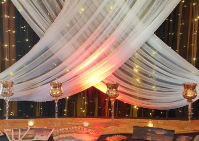 a room with a white drape and lights on the ceiling