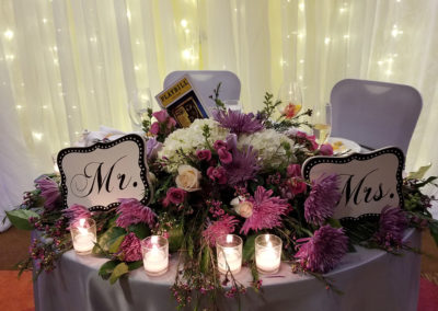 a table with candles and flowers on it