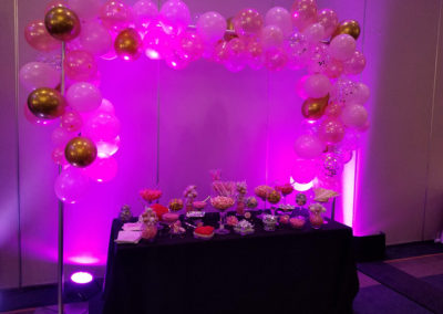 a table topped with lots of pink and gold balloons